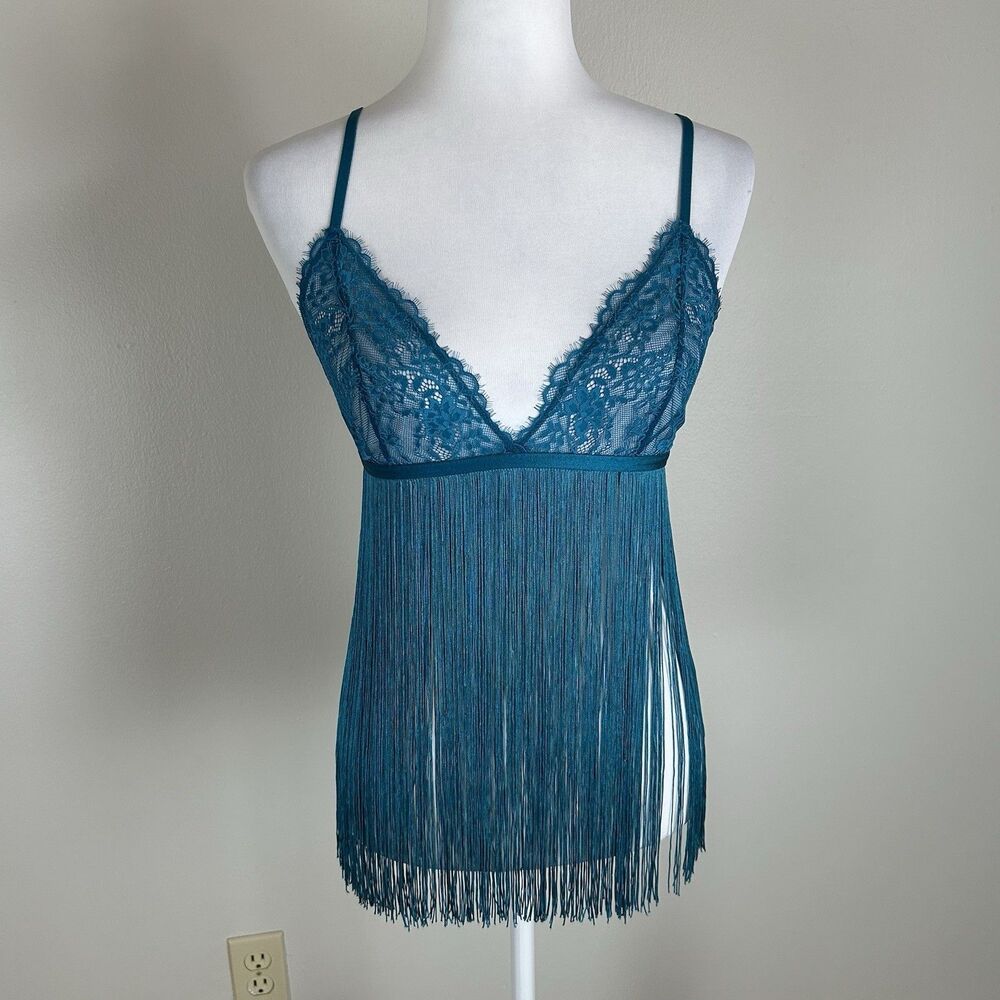 Adore Me Bogdana Fringe Cami Festival Top M Teal Lace Babydoll NWT Lace Sheer
